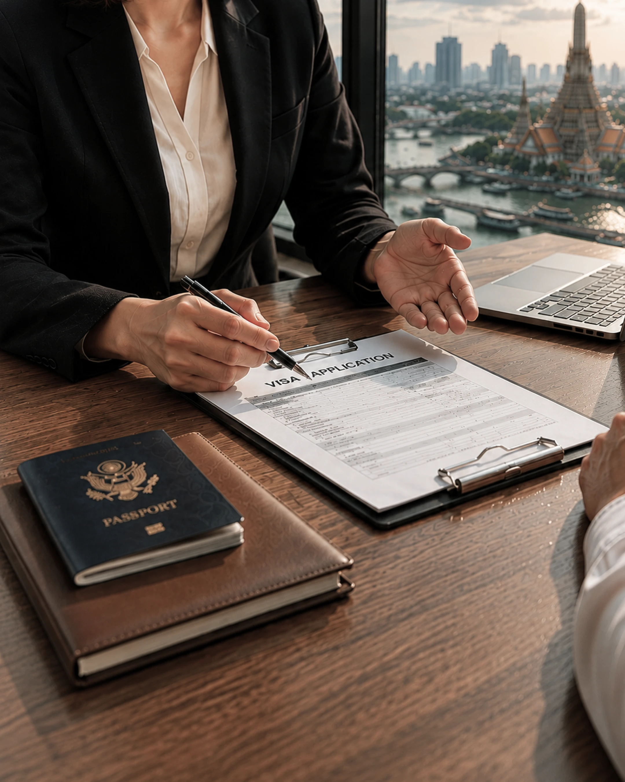 Hands reviewing a visa application and passport on a desk, with Wat Arun and the Bangkok skyline beyond